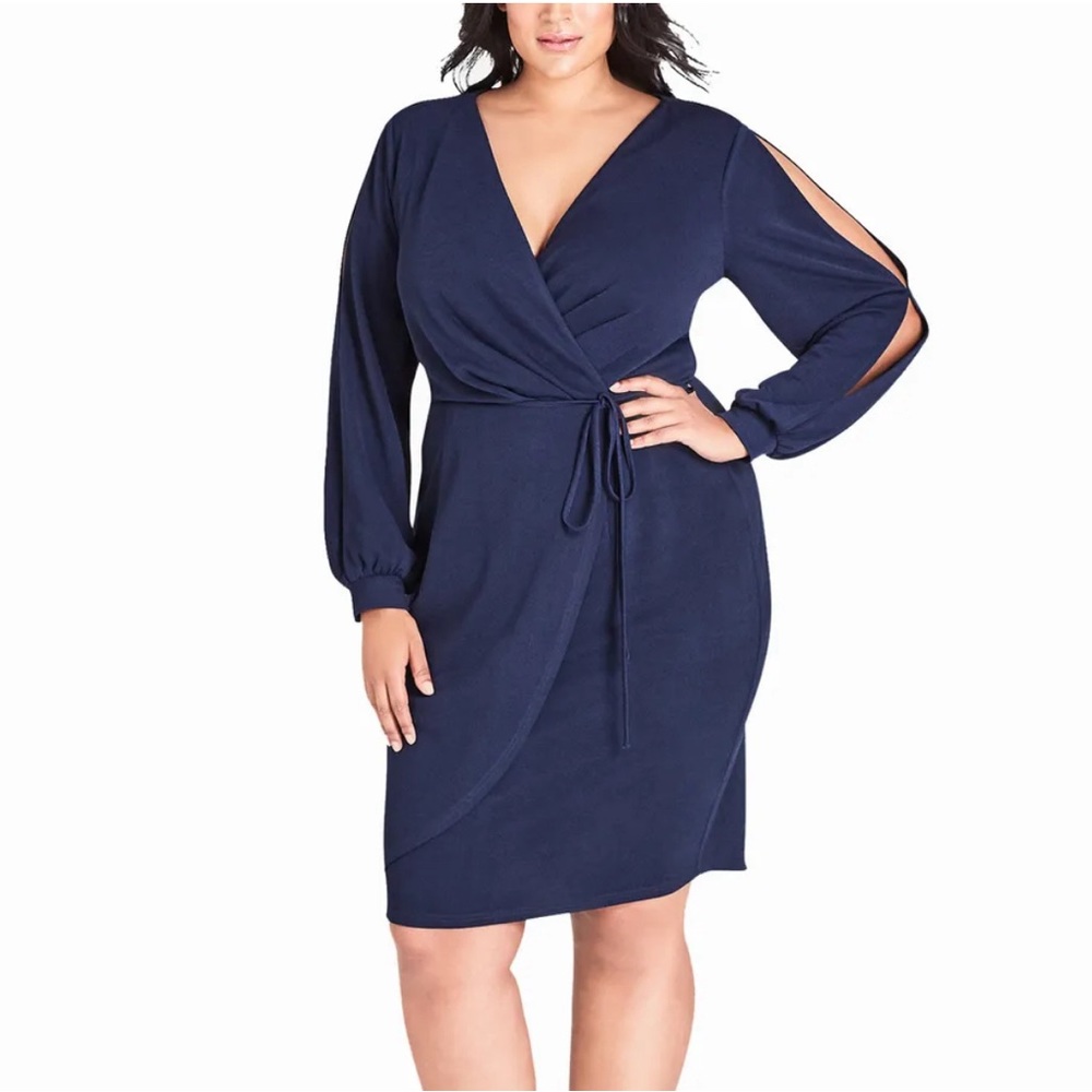 City Chic Split Sleeve Faux Wrap Dress Navy Size 14